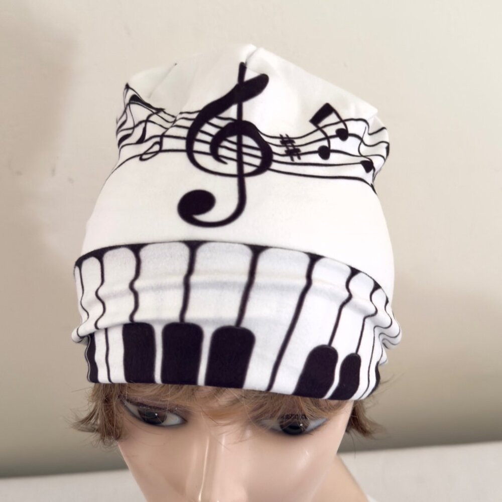 Music Themed Beanie Slouch Cap Piano Keyboard Notes White Black One Size New